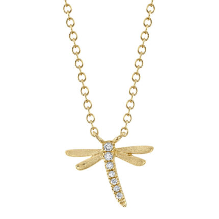 18K Solid Gold 0.03Ct Diamond Dragonfly Necklace