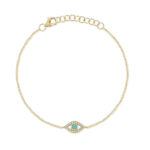 18K Solid Gold 0.06Ct Diamond & 0.07Ct Composite Turquoise Eye Bracelet