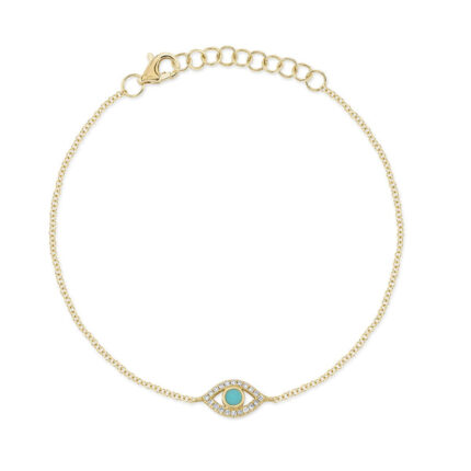 18K Solid Gold 0.06Ct Diamond & 0.07Ct Composite Turquoise Eye Bracelet