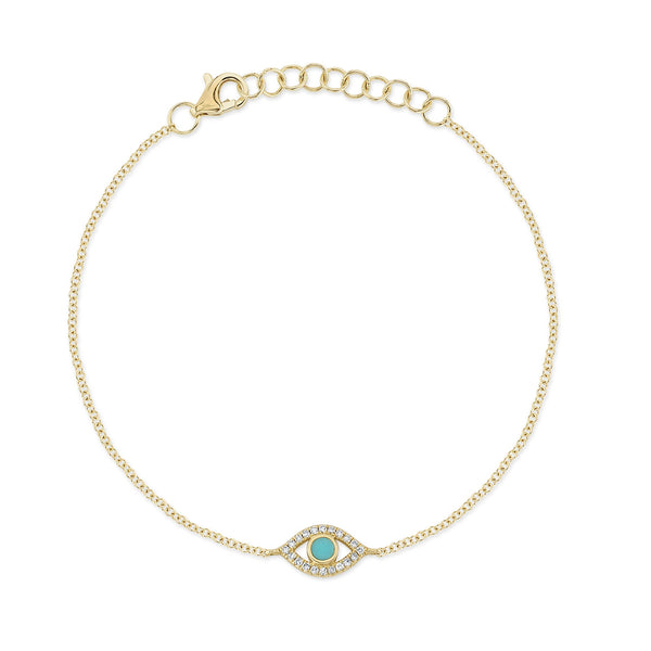 18K Solid Gold 0.06Ct Diamond & 0.07Ct Composite Turquoise Eye Bracelet