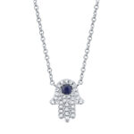 18K Solid Gold 0.1Ct Diamond & 0.08Ct Blue Sapphire Hamsa Necklace