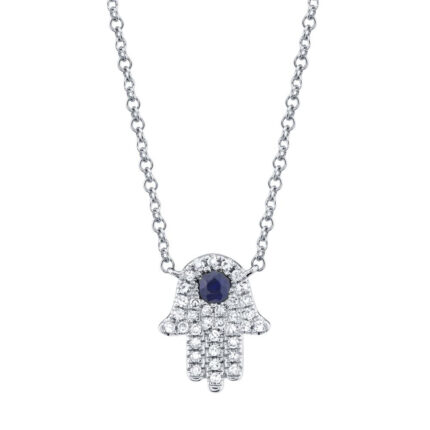 18K Solid Gold 0.1Ct Diamond & 0.08Ct Blue Sapphire Hamsa Necklace