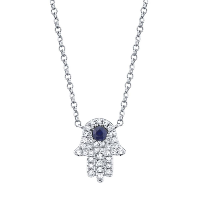 18K Solid Gold 0.1Ct Diamond & 0.08Ct Blue Sapphire Hamsa Necklace