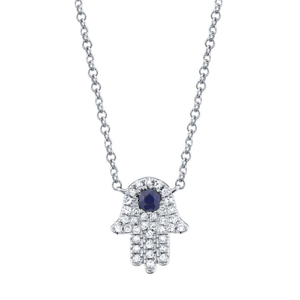18K Solid Gold 0.1Ct Diamond & 0.08Ct Blue Sapphire Hamsa Necklace 18K Solid Gold 0.1Ct Diamond & 0.08Ct Blue Sapphire Hamsa Necklace