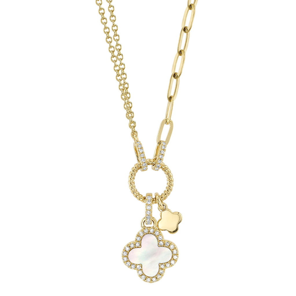 0.12CT DIAMOND & 0.54CT MOTHER OF PEARL CLOVER PAPER CLIP LINK NECKLACE Mother Of Pearl Clover Paper Clip Link Necklace