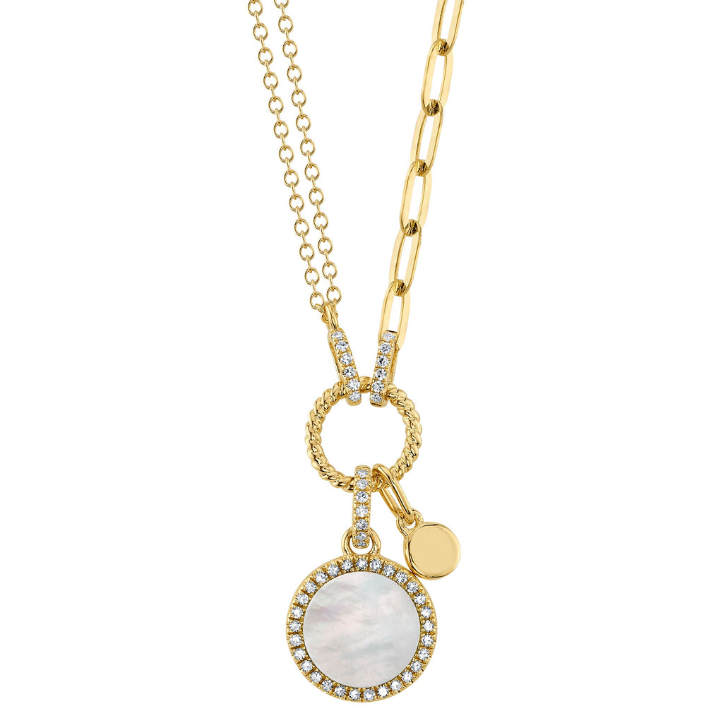 0.13CT DIAMOND & 0.57CT MOTHER OF PEARL CIRCLE PAPER CLIP LINK NECKLACE Mother Of Pearl Circle Paper Clip Link Necklace