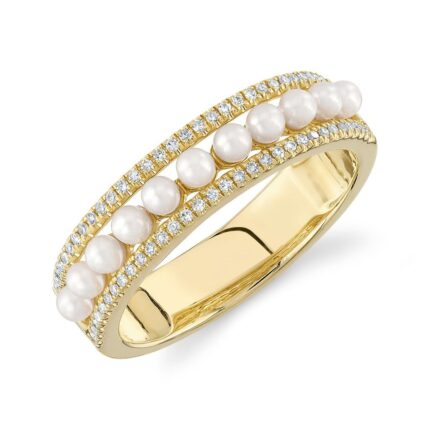 18K Solid Gold 0.14 Ct Diamond & Cultured Pearl Band