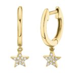 14K Solid Gold 0.04Ct Diamond Star Charm Huggie Earrings