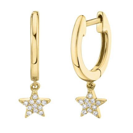 14K Solid Gold 0.04Ct Diamond Star Charm Huggie Earrings