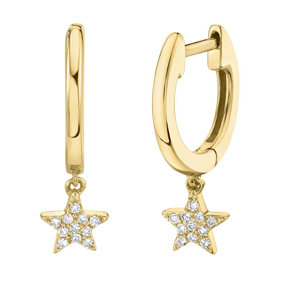 14K Solid Gold 0.04Ct Diamond Star Charm Huggie Earrings 14K Solid Gold 0.04Ct Diamond Star Charm Huggie Earrings