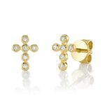 14K Solid Gold 0.07Ct Diamond Bezel Cross Stud Earring