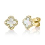 14K Solid Gold 0.11Ct Diamond & 0.35Ct Mother of Pearl Clover Earring