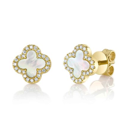 14K Solid Gold 0.11Ct Diamond & 0.35Ct Mother of Pearl Clover Earring