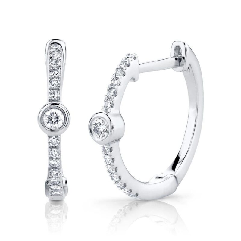 14K Solid Gold 0.13Ct Diamond Bezel Hoop Earring