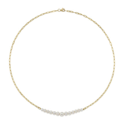18K Solid Gold Cultured Pearl Paper Clip Link Necklace