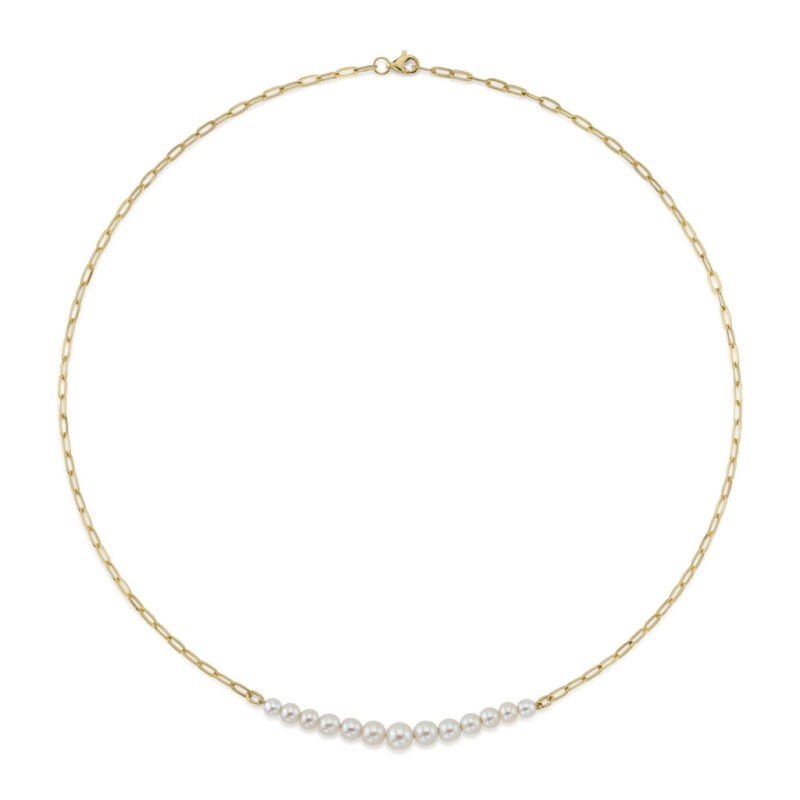 18K Solid Gold Cultured Pearl Paper Clip Link Necklace
