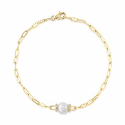 18K Solid Gold 0.07Ct Diamond & Cultured Pearl Paper Clip Link Bracelet