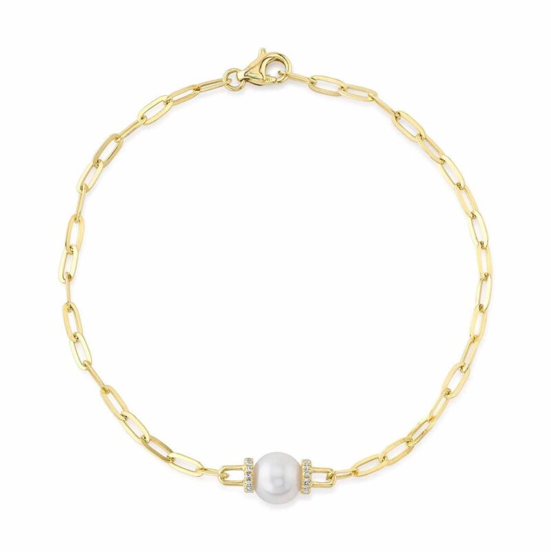 18K Solid Gold 0.07Ct Diamond & Cultured Pearl Paper Clip Link Bracelet