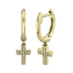 14K Solid Gold 0.04Ct Diamond Cross Charm Huggie Earrings