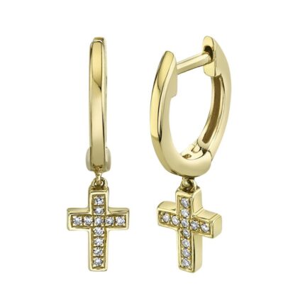 14K Solid Gold 0.04Ct Diamond Cross Charm Huggie Earrings