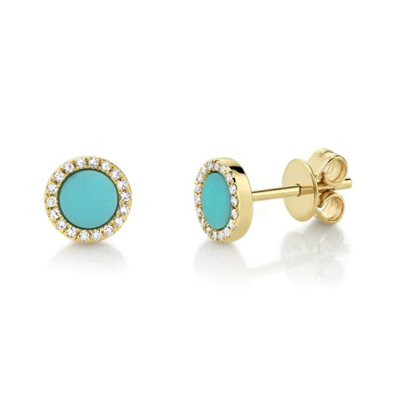 14K Solid Gold 0.08Ct Diamond & 0.47Ct Composite Turquoise Stud Earring