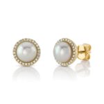 14K Solid Gold 0.16Ct Diamond & Cultured Pearl Stud Earrings