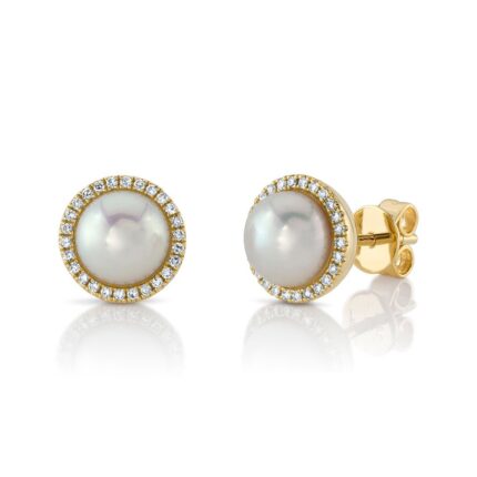 14K Solid Gold 0.16Ct Diamond & Cultured Pearl Stud Earrings