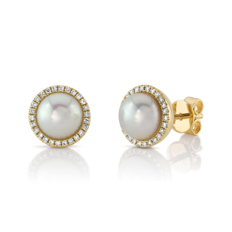 14K Solid Gold 0.16Ct Diamond & Cultured Pearl Stud Earrings