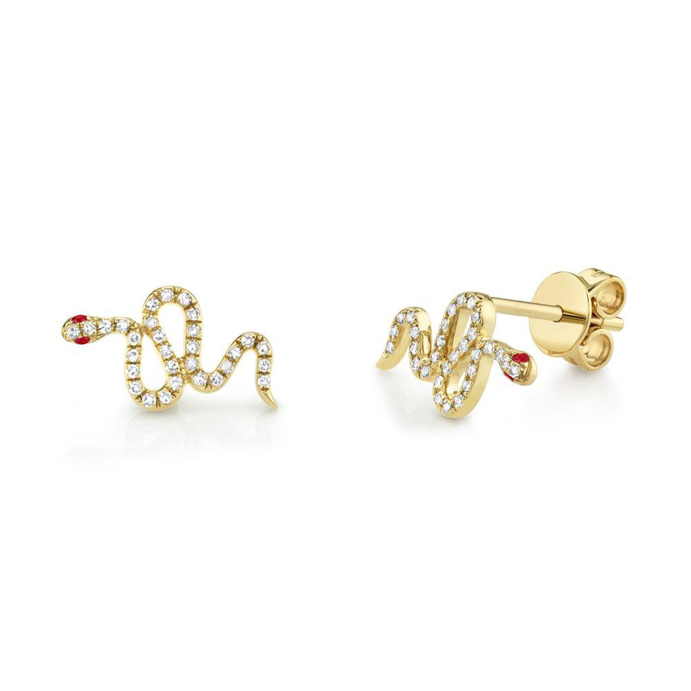 14K Solid Gold 0.13Ct Diamond & 0.03Ct Ruby Snake Stud Earring 14K Solid Gold 0.13Ct Diamond & 0.03Ct Ruby Snake Stud Earring