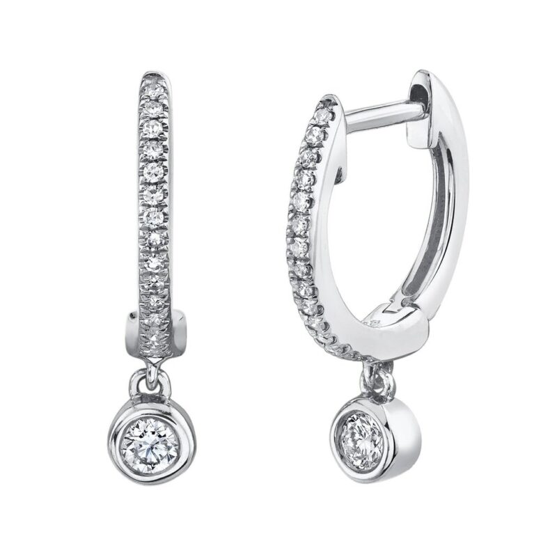 14K Solid Gold 0.14Ct Diamond Bezel Charm Huggie Earrings