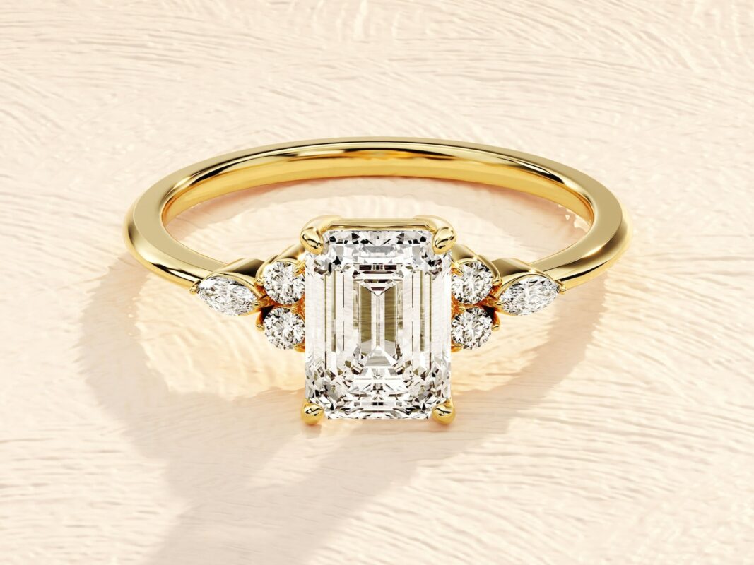 1ct Emerald Cut Engagement Ring with Marquise and Round Side Stones