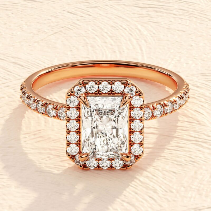 14K Solid Gold Emerald Cut Halo Ring Lab Grown Diamond Engagement Ring