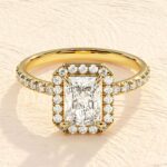14K Solid Gold Emerald Cut Halo Ring Lab Grown Diamond Engagement Ring