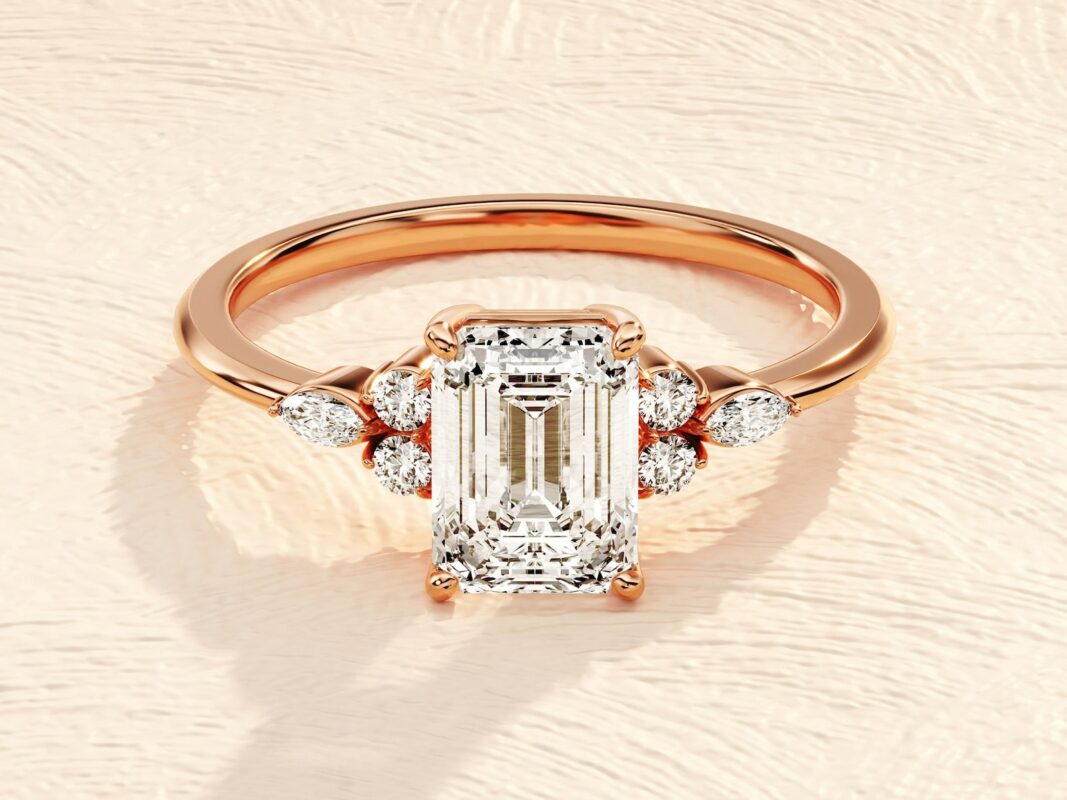 2.5ct Emerald Cut Engagement Ring with Marquise and Round Side Stones