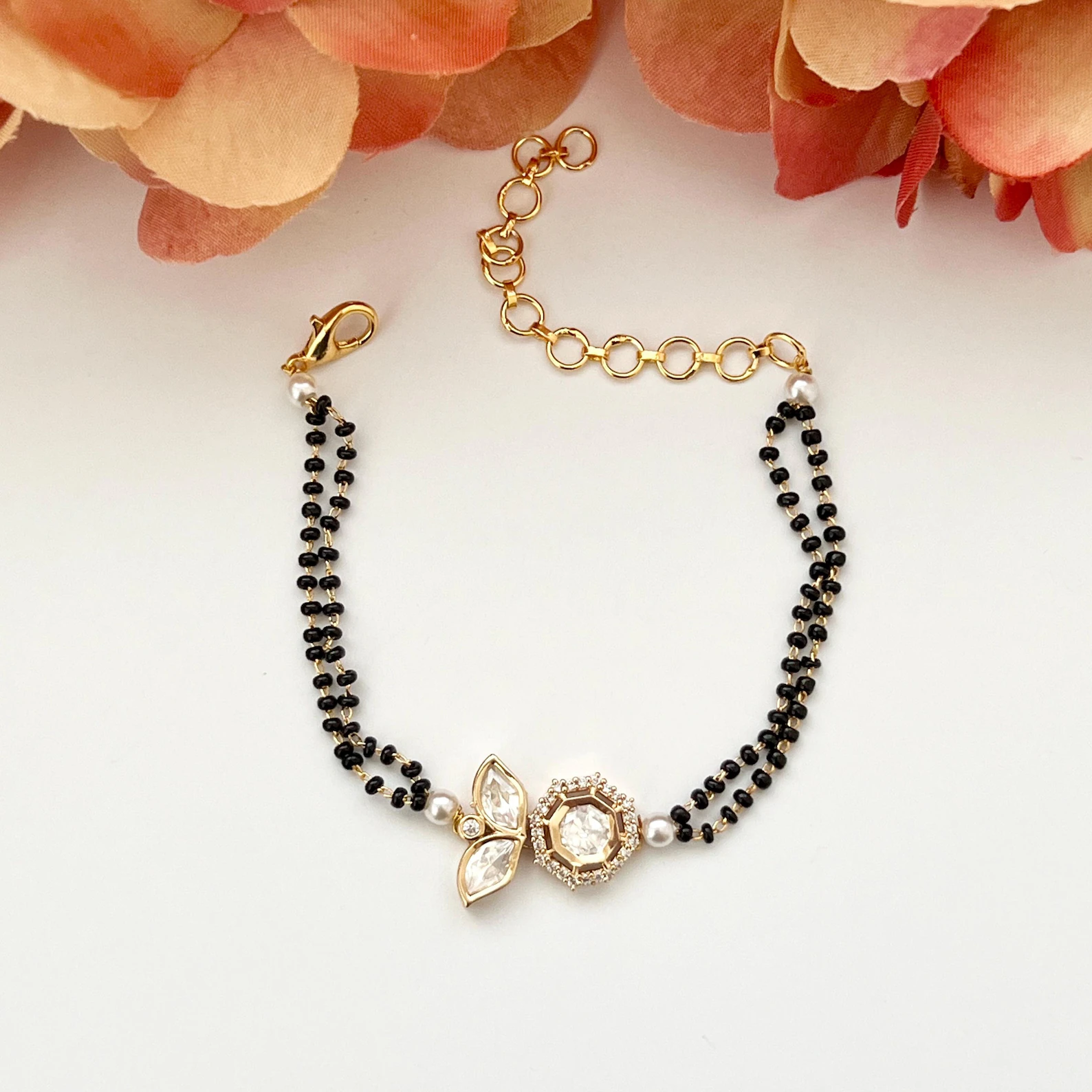 18K Solid Gold CZ Black Beaded Hand Mangalsutra Bracelet 18K Solid Gold CZ Black Beaded Hand Mangalsutra Bracelet