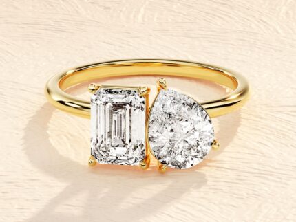 18K Solid Gold 2.50 CT Emerald & Pear Diamond Toi et Moi Engagement Ring
