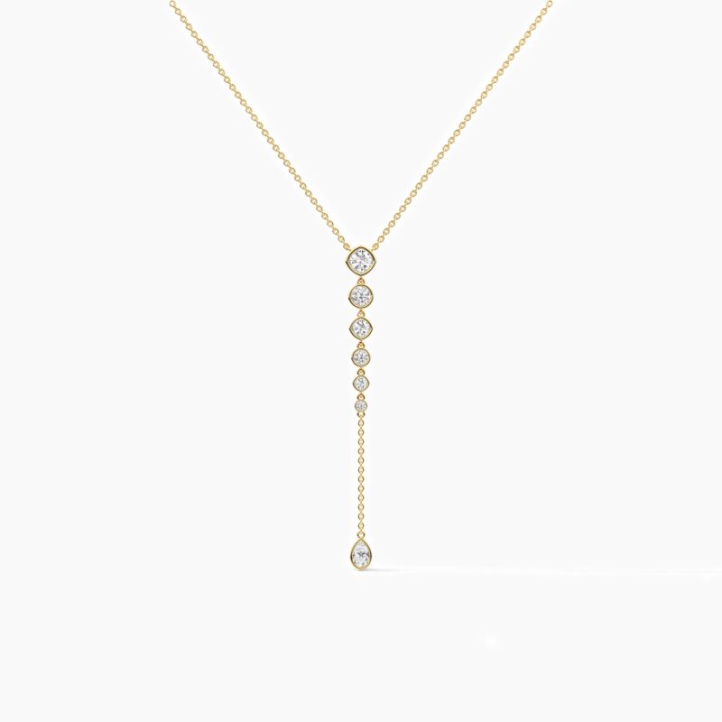 18K Solid Gold 1.50 CT Classic Cushion & Round Diamond Lariat Drop Necklace