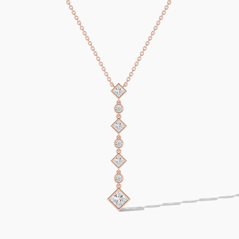 18K Solid Gold 1.15 Ct Classic & Round Cut Diamond Lariat Drop Necklace