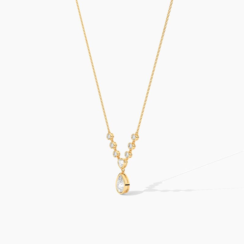 18K Solid Gold Heart & Pear Cut Diamond Drop Necklace