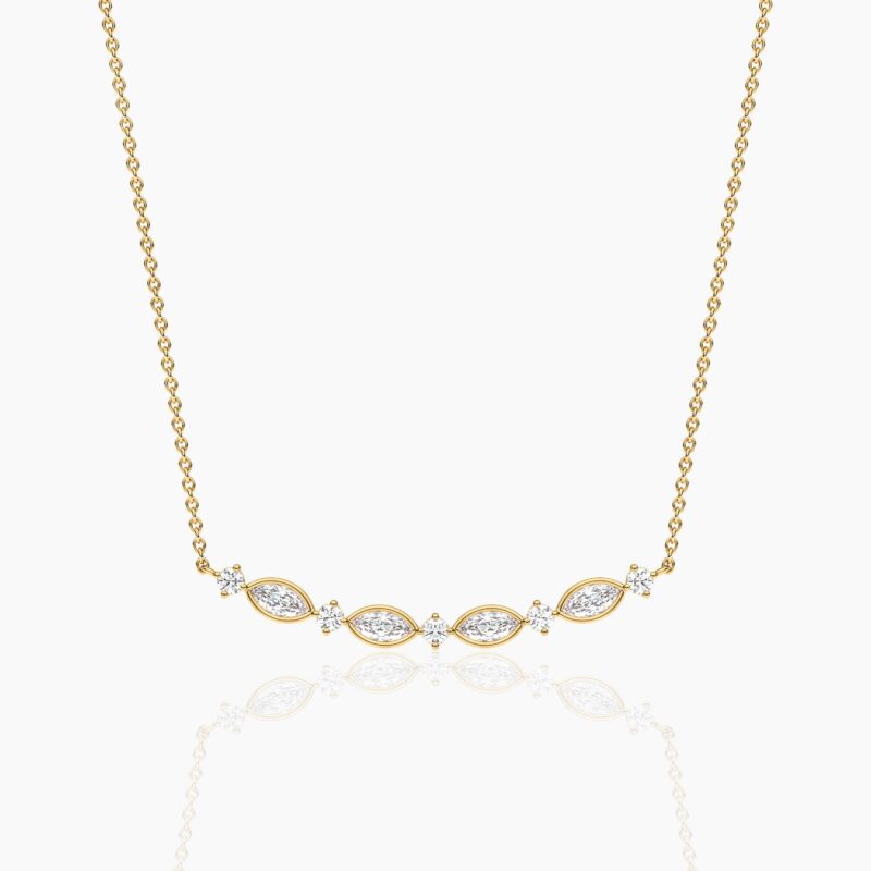 18K Solid Gold 1.29CT Marquise & Round Diamond Bar Necklace